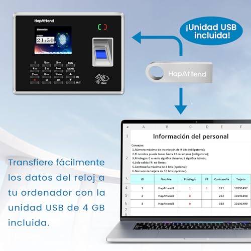 Opiniones HapAttend H2 Control Horario Empleados - Descarga de datos mediante USB