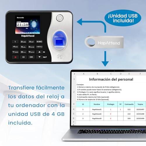 Opiniones HapAttend H3 Control horario empleados - Vista del dispositivo y reporte excel
