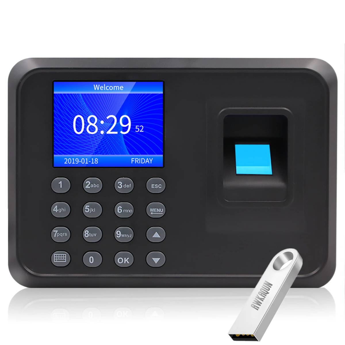 Review AWKAQUN F01 Máquina Fichar de Asistencia vista frontal del dispositivo con memoria USB